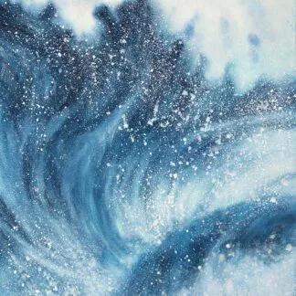 Wide shot of ‘Night Wave,’ featuring dramatic crashing waves in dynamic shades of blue, evoking the raw motion of the ocean.