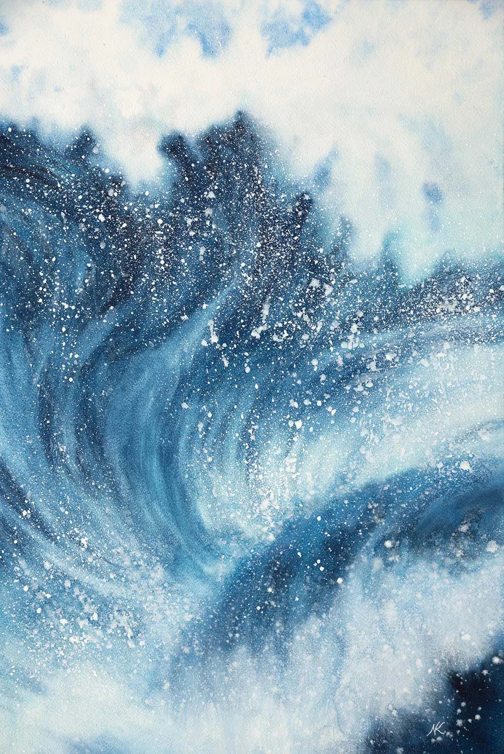 Wide shot of ‘Night Wave,’ featuring dramatic crashing waves in dynamic shades of blue, evoking the raw motion of the ocean.