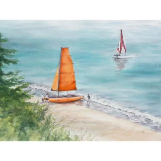 Vibrant orange sailboat on calm blue waters in a peaceful coastal landscape, 'Orange Sail' watercolor painting by Kateryna Nazarenko.