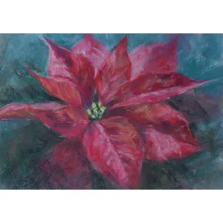 Red poinsettia flower soft pastel painting, featuring vibrant red petals on a soft gray background.