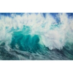 ‘Softness,’ a serene watercolor painting of a turquoise ocean wave, capturing the peaceful, fluid movement of water and the gentle brushstrokes that define the seascape.