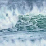 Full view of ‘Coastal Wave,’ a watercolor painting depicting powerful ocean waves with vibrant blues and greens, capturing the beauty of the sea crashing on the shore.