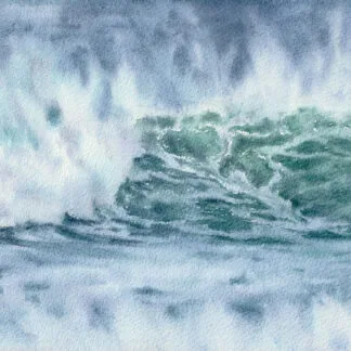 Full view of ‘Coastal Wave,’ a watercolor painting depicting powerful ocean waves with vibrant blues and greens, capturing the beauty of the sea crashing on the shore.