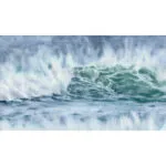 Wide shot of ‘Coastal Wave,’ showcasing dynamic waves and soft foam in a tranquil beach scene with shades of blue and green in this original watercolor artwork.