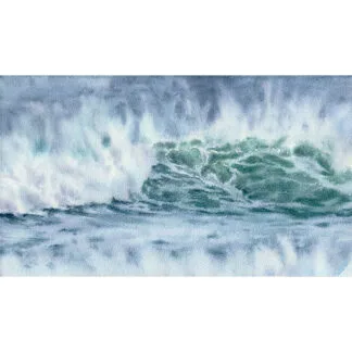 Wide shot of ‘Coastal Wave,’ showcasing dynamic waves and soft foam in a tranquil beach scene with shades of blue and green in this original watercolor artwork.