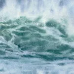 Detailed view of the vibrant blue and green waves in ‘Coastal Wave,’ highlighting the delicate texture of the sea foam and the dynamic flow of the waves.