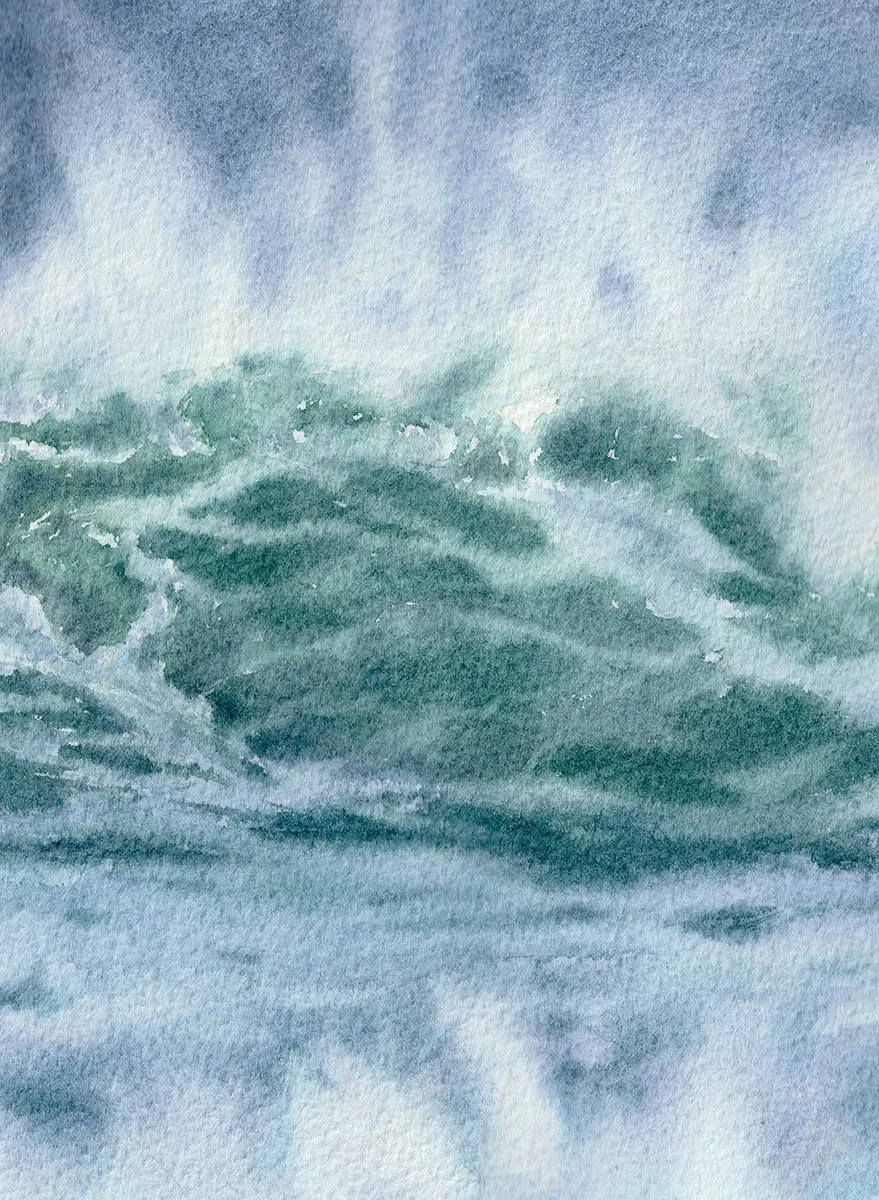 Detailed view of the vibrant blue and green waves in ‘Coastal Wave,’ highlighting the delicate texture of the sea foam and the dynamic flow of the waves.