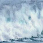 Close-up of the crashing ocean waves in ‘Coastal Wave,’ emphasizing the white foam and fluid motion of the water in soft watercolor tones.