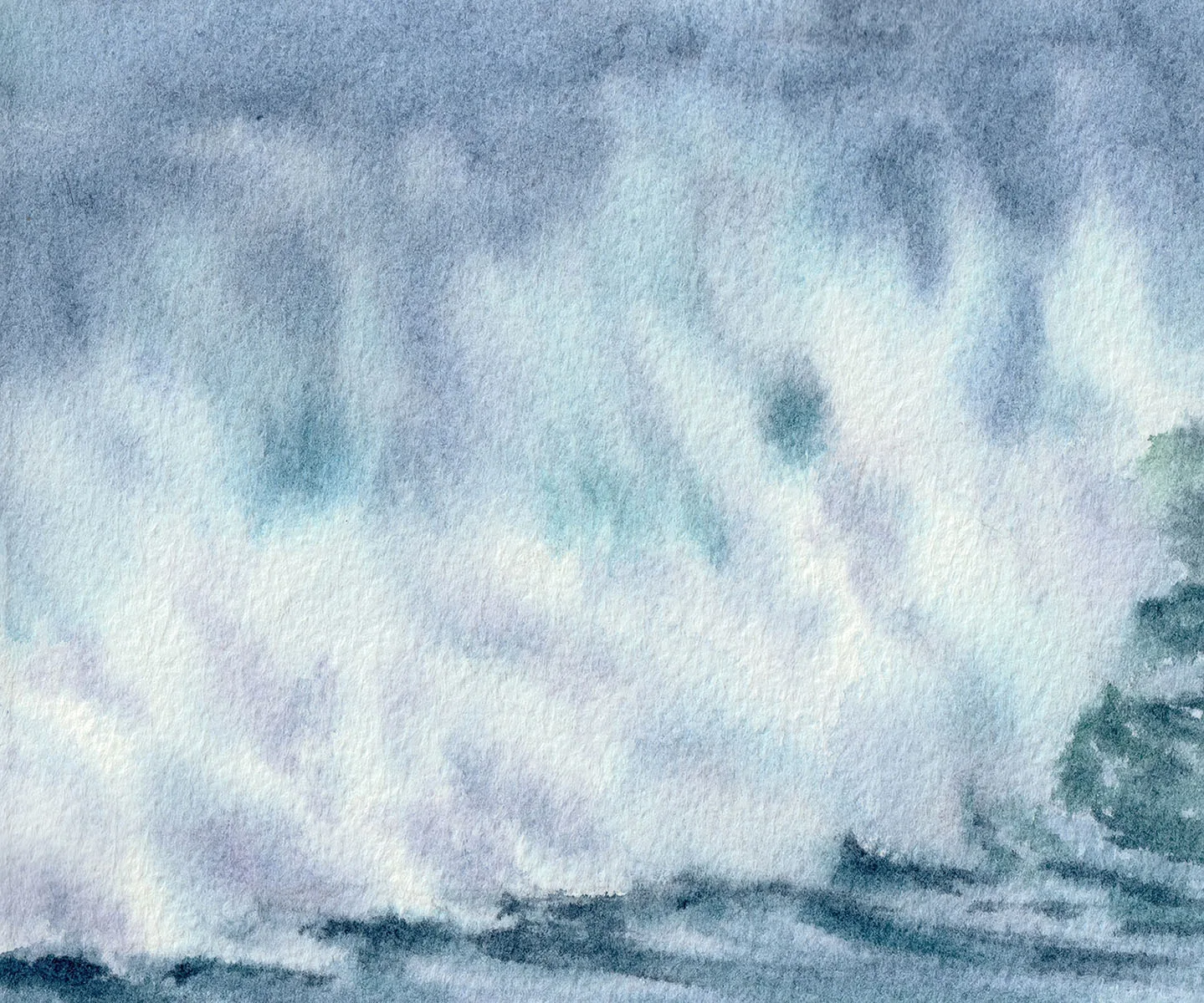 Close-up of the crashing ocean waves in ‘Coastal Wave,’ emphasizing the white foam and fluid motion of the water in soft watercolor tones.