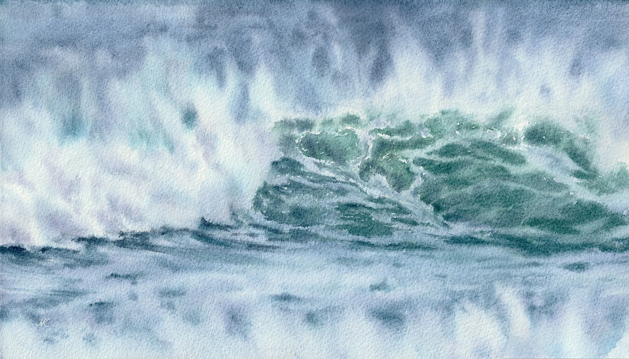 Full view of ‘Coastal Wave,’ a watercolor painting depicting powerful ocean waves with vibrant blues and greens, capturing the beauty of the sea crashing on the shore.