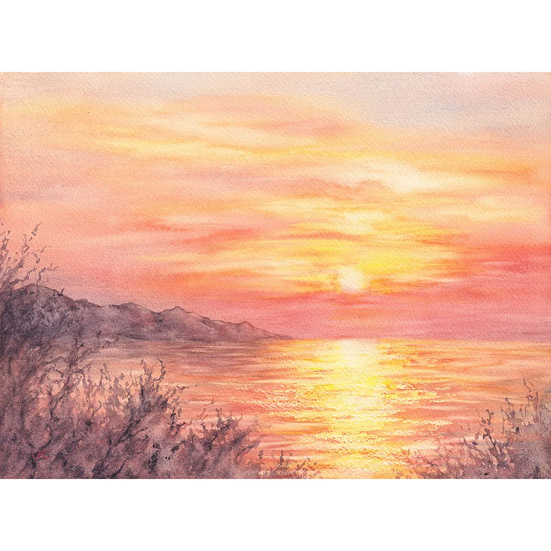 Full view of ‘Golden Sunset,’ a vibrant watercolor painting showcasing a radiant sunset above the sea with golden, pink, and purple hues blending into the peaceful waves below.
