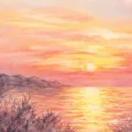 Wide view of ‘Golden Sunset,’ a beautiful watercolor seascape capturing the serene transition from day to night with warm sunset colors and gentle ocean waves.