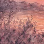 Detail of the artist's signature on ‘Golden Sunset,’ signed by Kateryna Nazarenko in the lower corner of the watercolor painting.