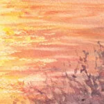Close-up of the soft clouds and glowing golden light in ‘Golden Sunset,’ highlighting the warm tones and reflective quality of the sea at sunset.