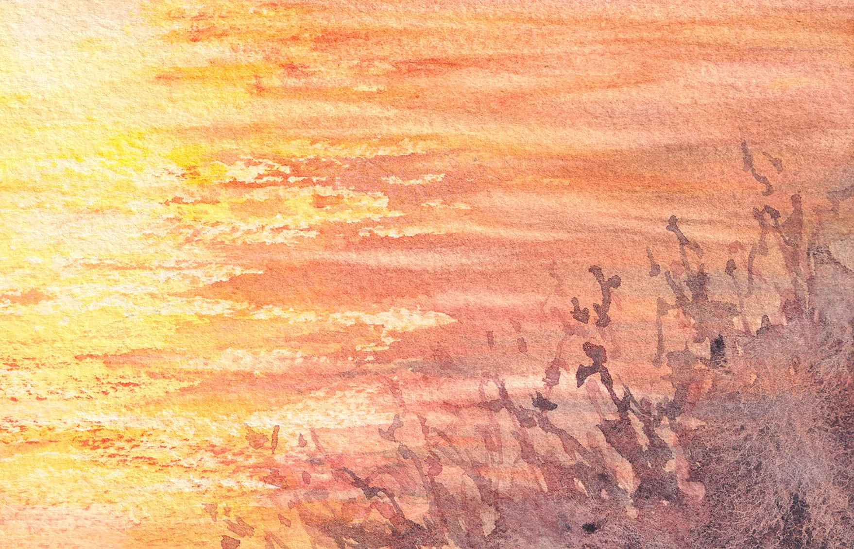 Close-up of the soft clouds and glowing golden light in ‘Golden Sunset,’ highlighting the warm tones and reflective quality of the sea at sunset.