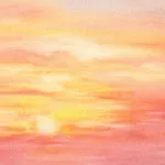 Detailed view of the sunset sky in ‘Golden Sunset,’ showing rich pink, orange, and purple hues blending harmoniously with the calm ocean waves.