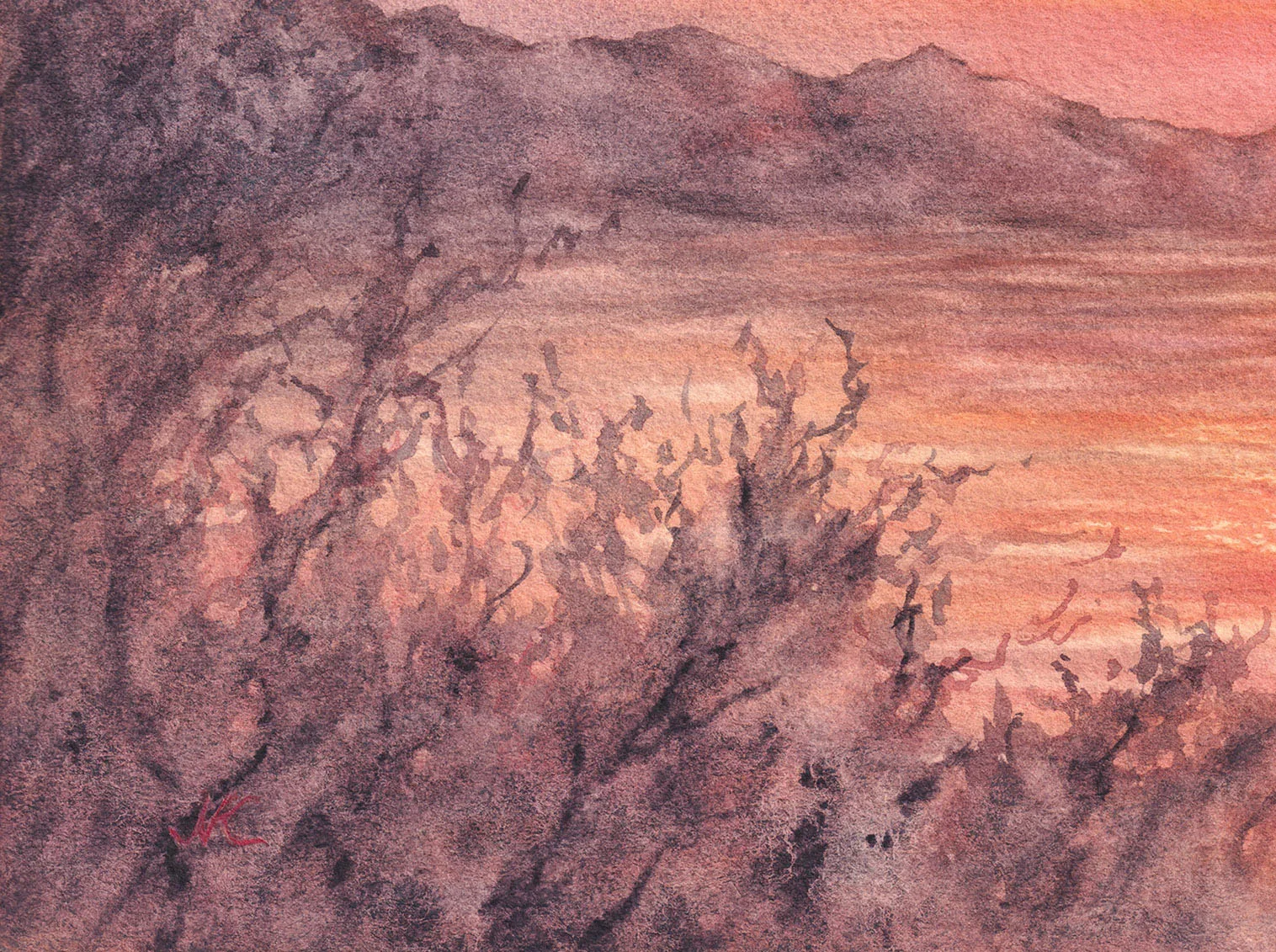 Detail of the artist's signature on ‘Golden Sunset,’ signed by Kateryna Nazarenko in the lower corner of the watercolor painting.