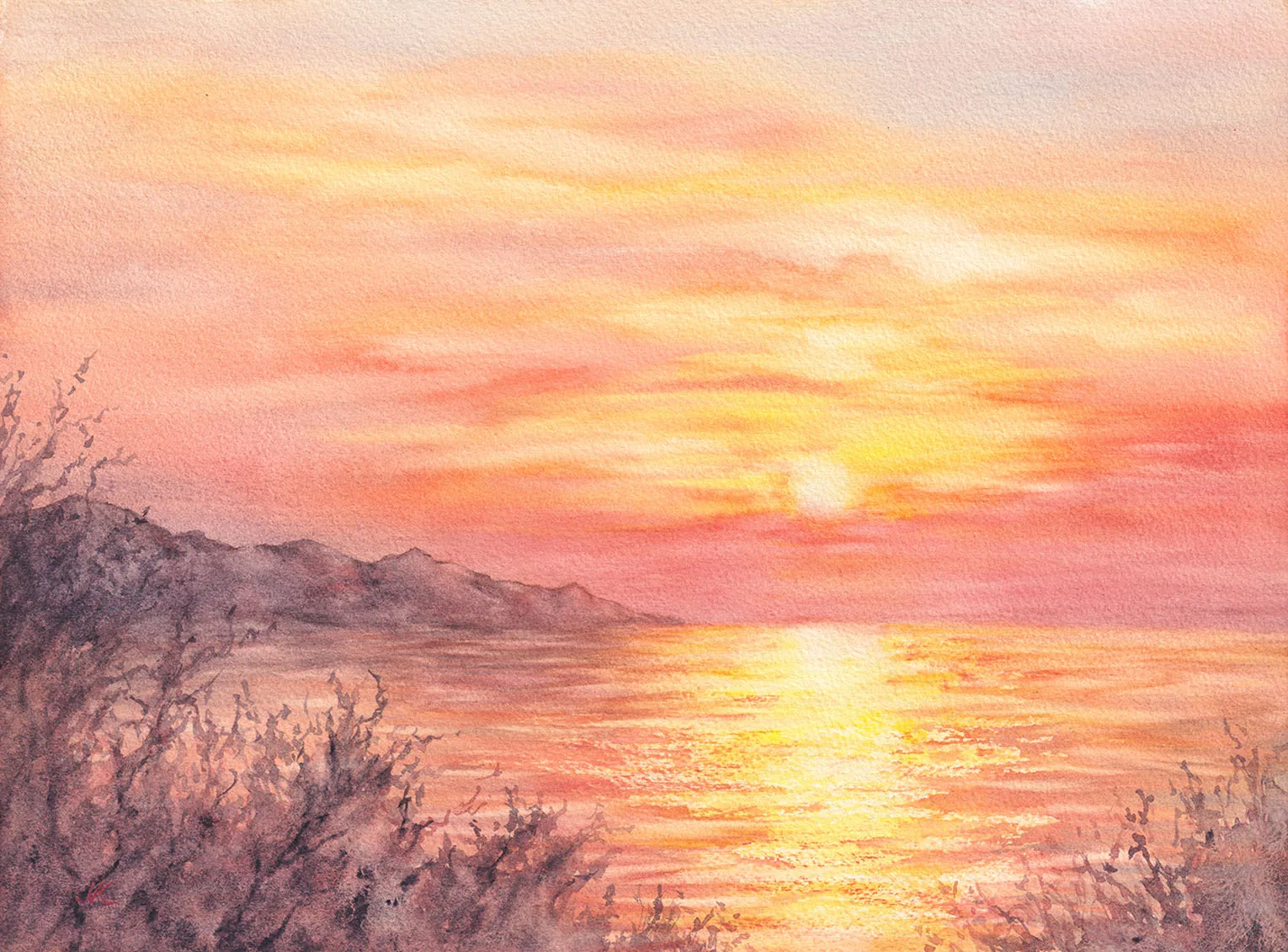 Wide view of ‘Golden Sunset,’ a beautiful watercolor seascape capturing the serene transition from day to night with warm sunset colors and gentle ocean waves.
