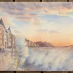 Cityscape of Saint-Malo in 'Storm in Saint-Malo,' showing the historic coastal town against a dramatic sky and breaking ocean waves.