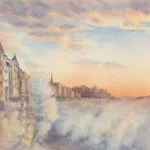 Full view of 'Storm in Saint-Malo,' watercolor seascape painting depicting crashing Atlantic Ocean waves under a sunset sky with hues of yellow, orange, blue, and purple.