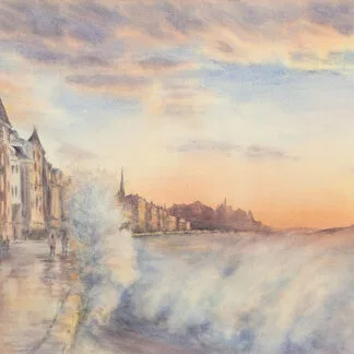 Full view of 'Storm in Saint-Malo,' watercolor seascape painting depicting crashing Atlantic Ocean waves under a sunset sky with hues of yellow, orange, blue, and purple.
