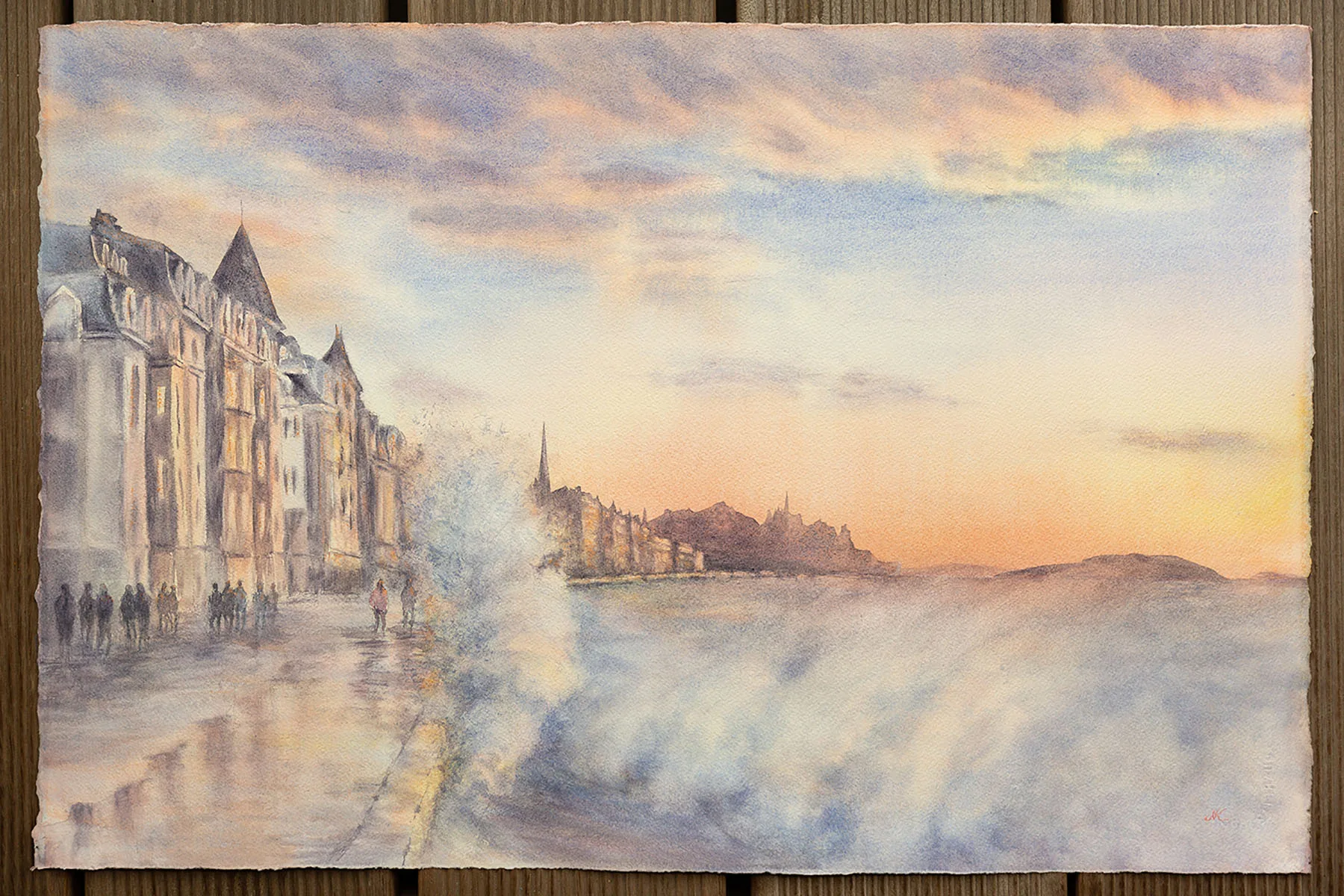 Cityscape of Saint-Malo in 'Storm in Saint-Malo,' showing the historic coastal town against a dramatic sky and breaking ocean waves.
