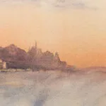 Close-up of the cityscape of Saint-Malo in ‘Storm in Saint-Malo,’ showing the quaint coastal buildings along the waterfront with the stormy ocean and vibrant sunset in the background.