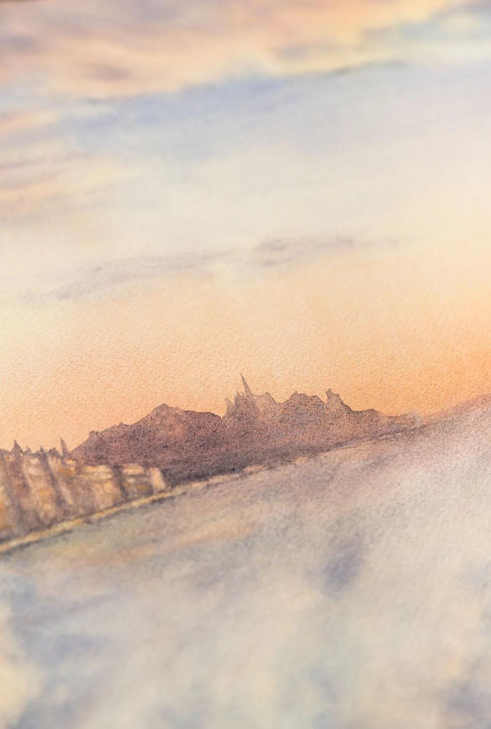 Detail of the stormy sky and waves in 'Storm in Saint-Malo,' highlighting the blend of soft sunset colors with intense ocean energy.