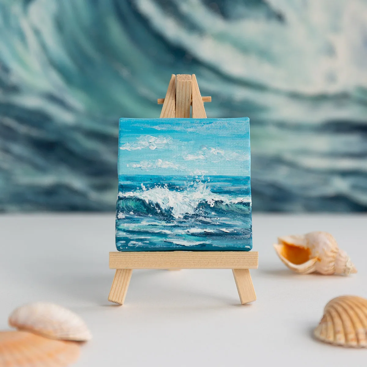 Blue ocean seascape with soft waves mini acrylic painting