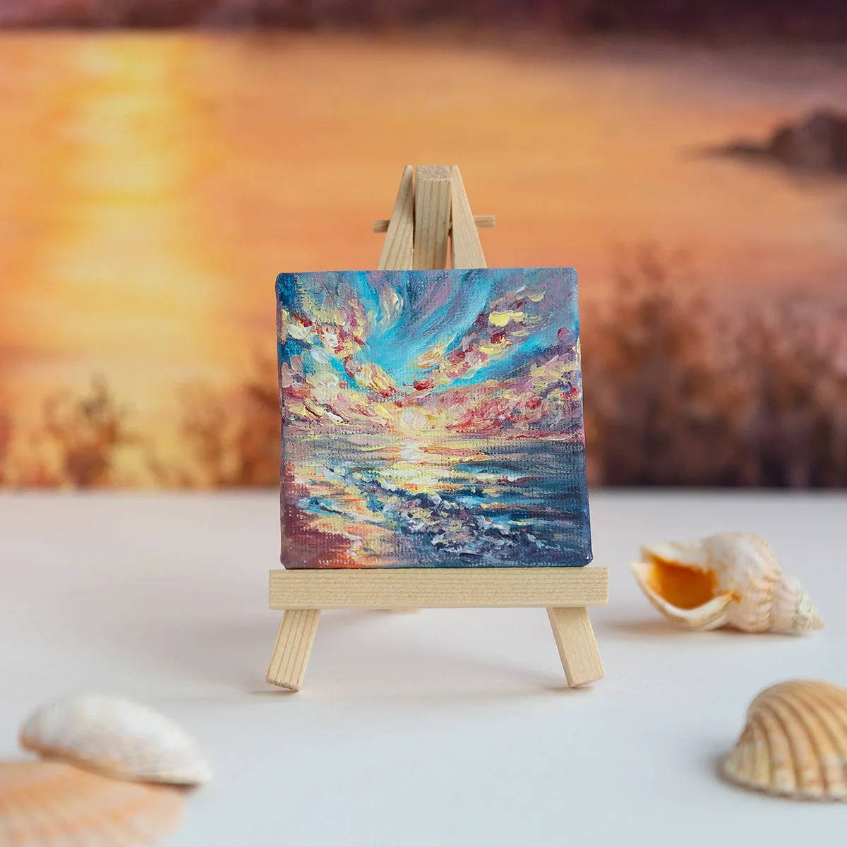 Dramatic sunset above the ocean mini acrylic painting
