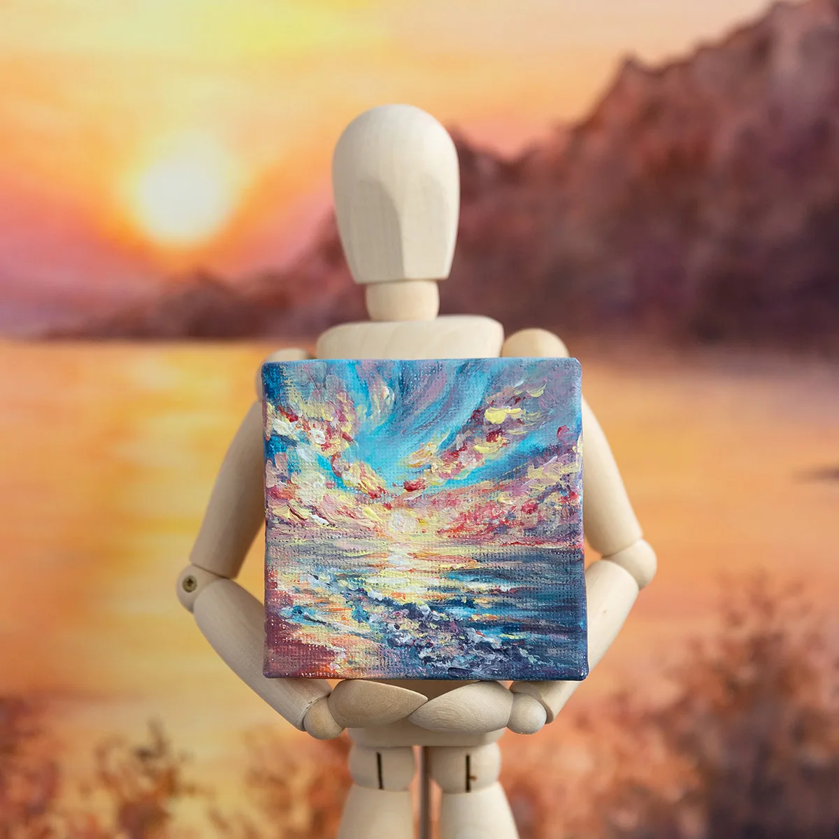 Dramatic sunset above the ocean mini acrylic painting