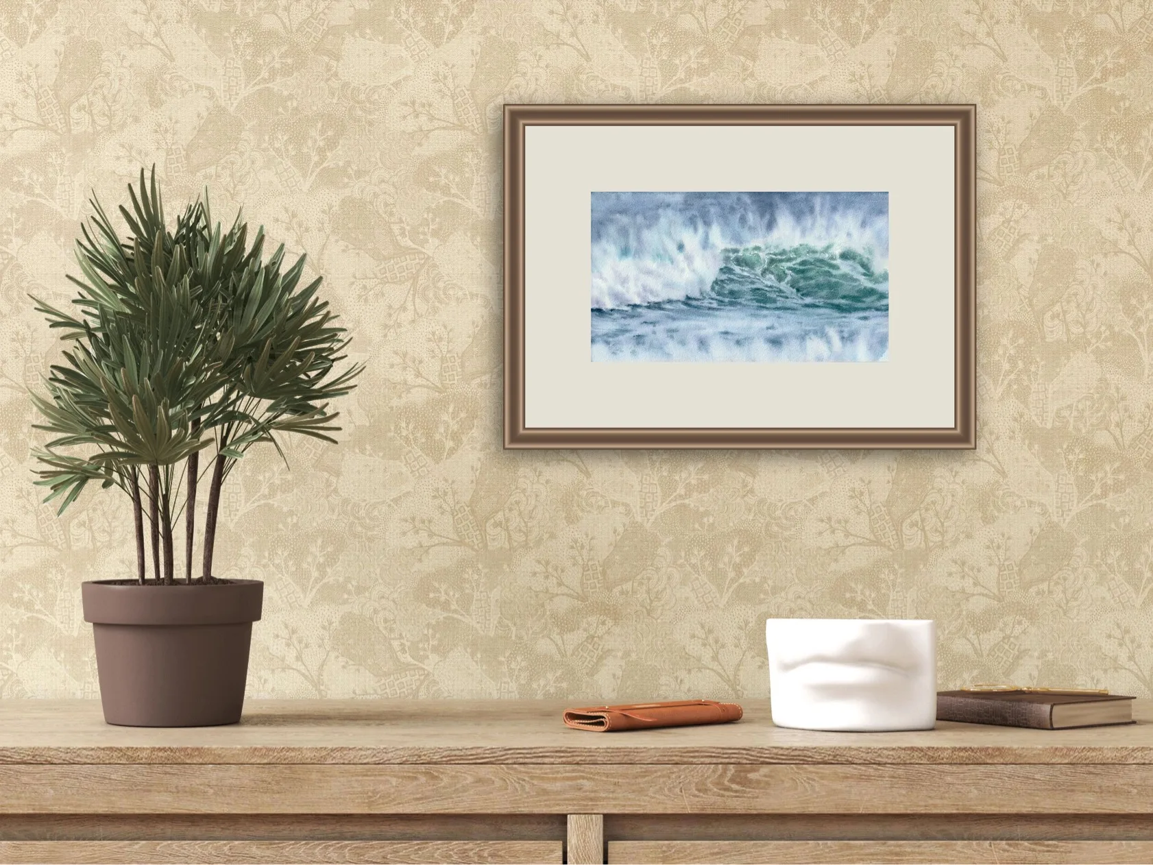 ‘Coastal Wave’ framed in a modern living room, bringing the beauty of ocean waves and tranquil coastal scenery to a contemporary space.