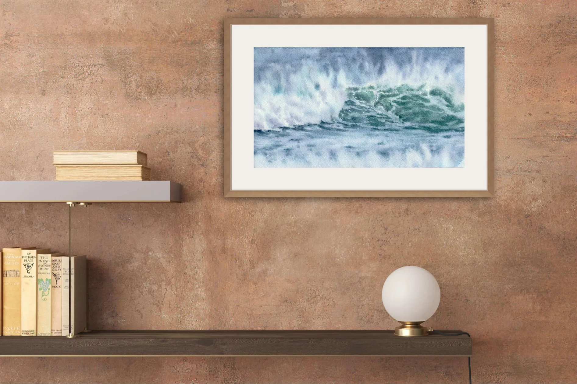 ‘Coastal Wave’ framed and displayed in a stylish home office, adding a serene ocean scene to the decor with vibrant blues and greens.