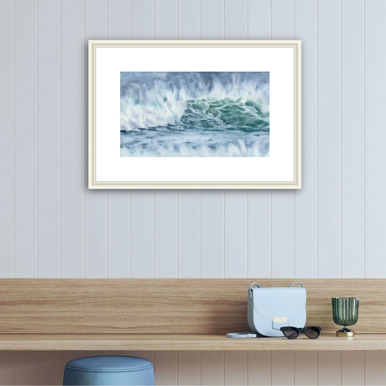 ‘Coastal Wave’ framed and placed in a hallway, enhancing the space with a vibrant and dynamic seascape full of ocean energy.