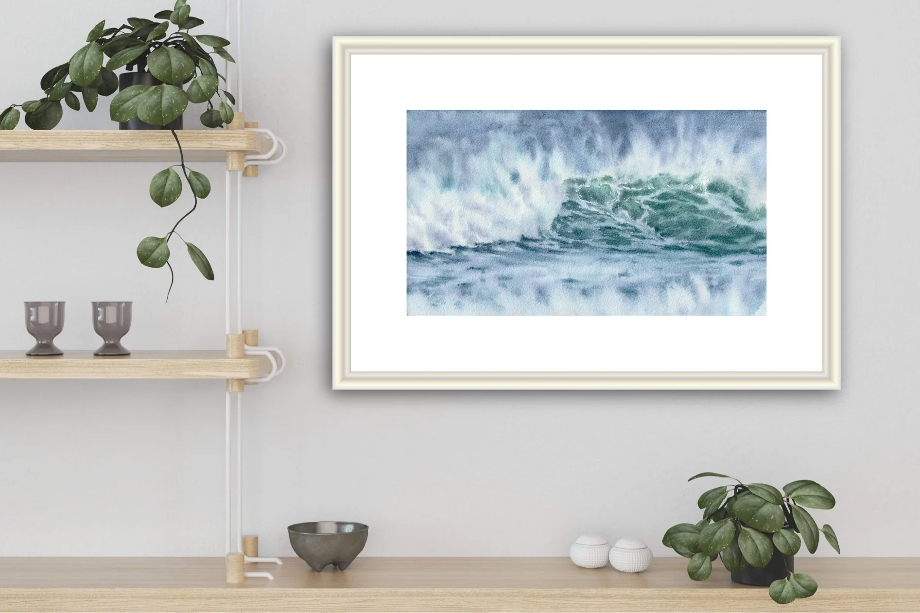 Framed ‘Coastal Wave’ on the wall of a beach house kitchen, perfectly complementing the coastal decor with soothing ocean colors.