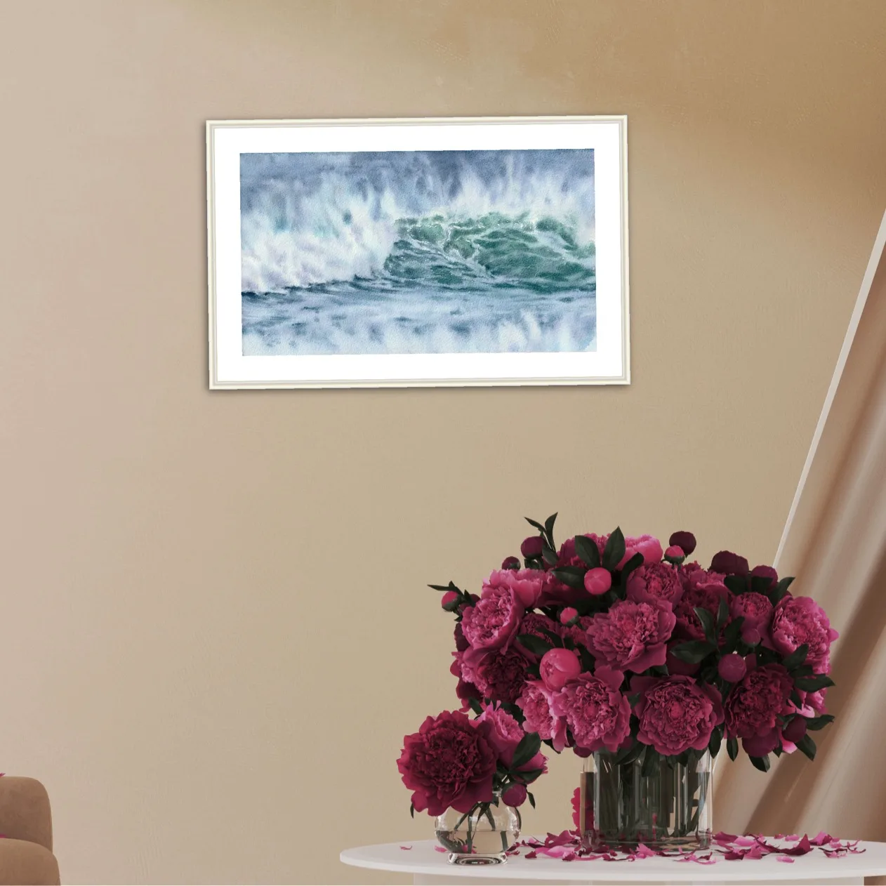 Framed ‘Coastal Wave’ on a wall, bringing the ocean's calming presence into the living room with its beautiful watercolor tones.