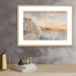 Framed view of 'Storm in Saint-Malo,' watercolor seascape painting, capturing the beauty of Saint-Malo's coastline and dramatic waves.