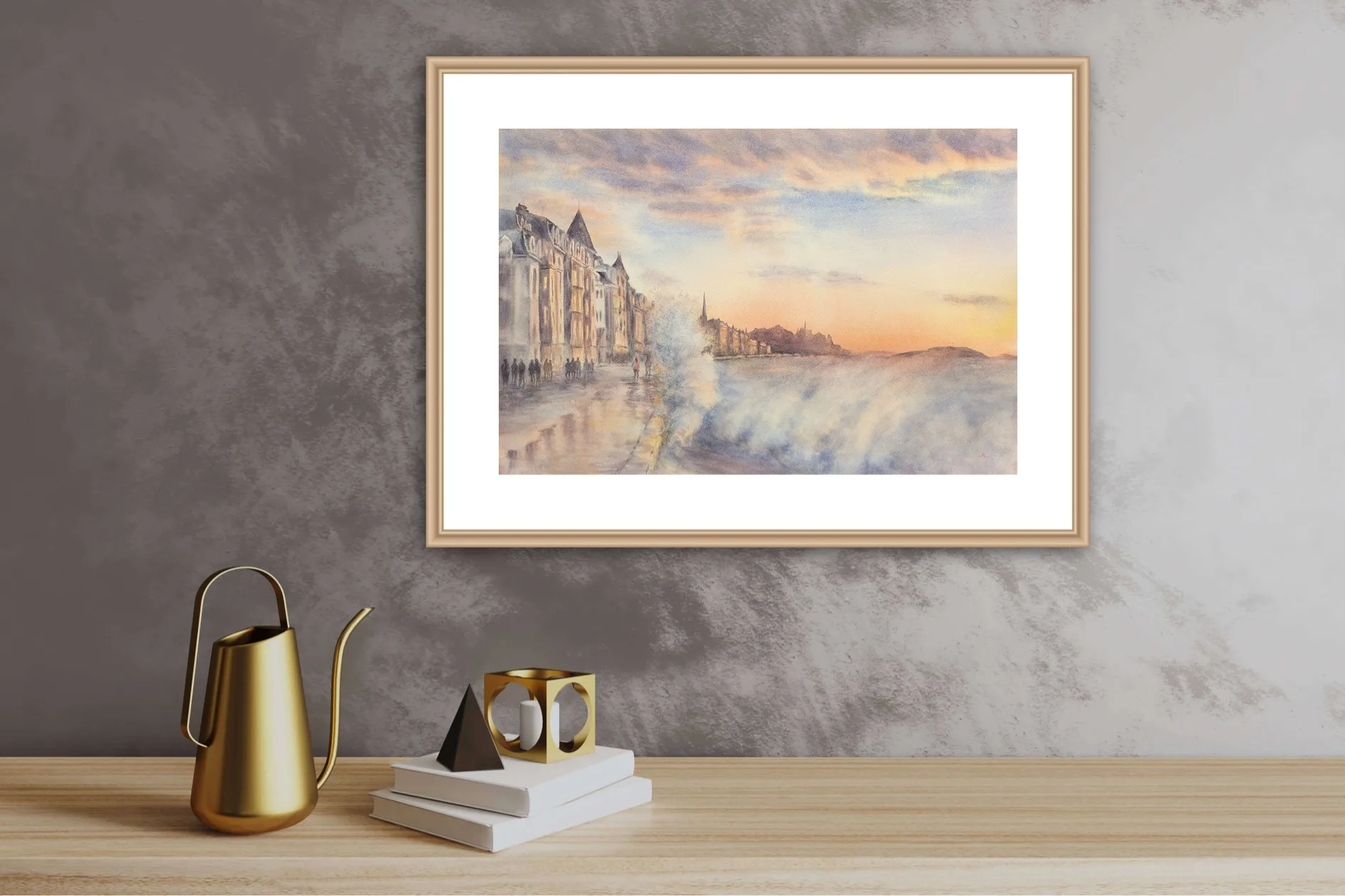 Framed view of 'Storm in Saint-Malo,' watercolor seascape painting, capturing the beauty of Saint-Malo's coastline and dramatic waves.