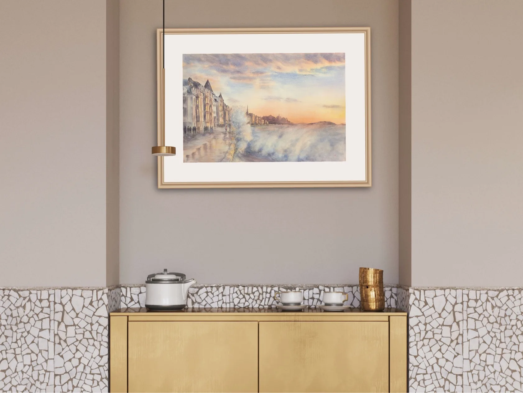 Stunning framed scene of Saint-Malo’s stormy coast with vibrant sunset colors and crashing waves.