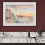 Framed 'Storm in Saint-Malo' watercolor showcasing waves breaking along the coast, framed beautifully for home decor.
