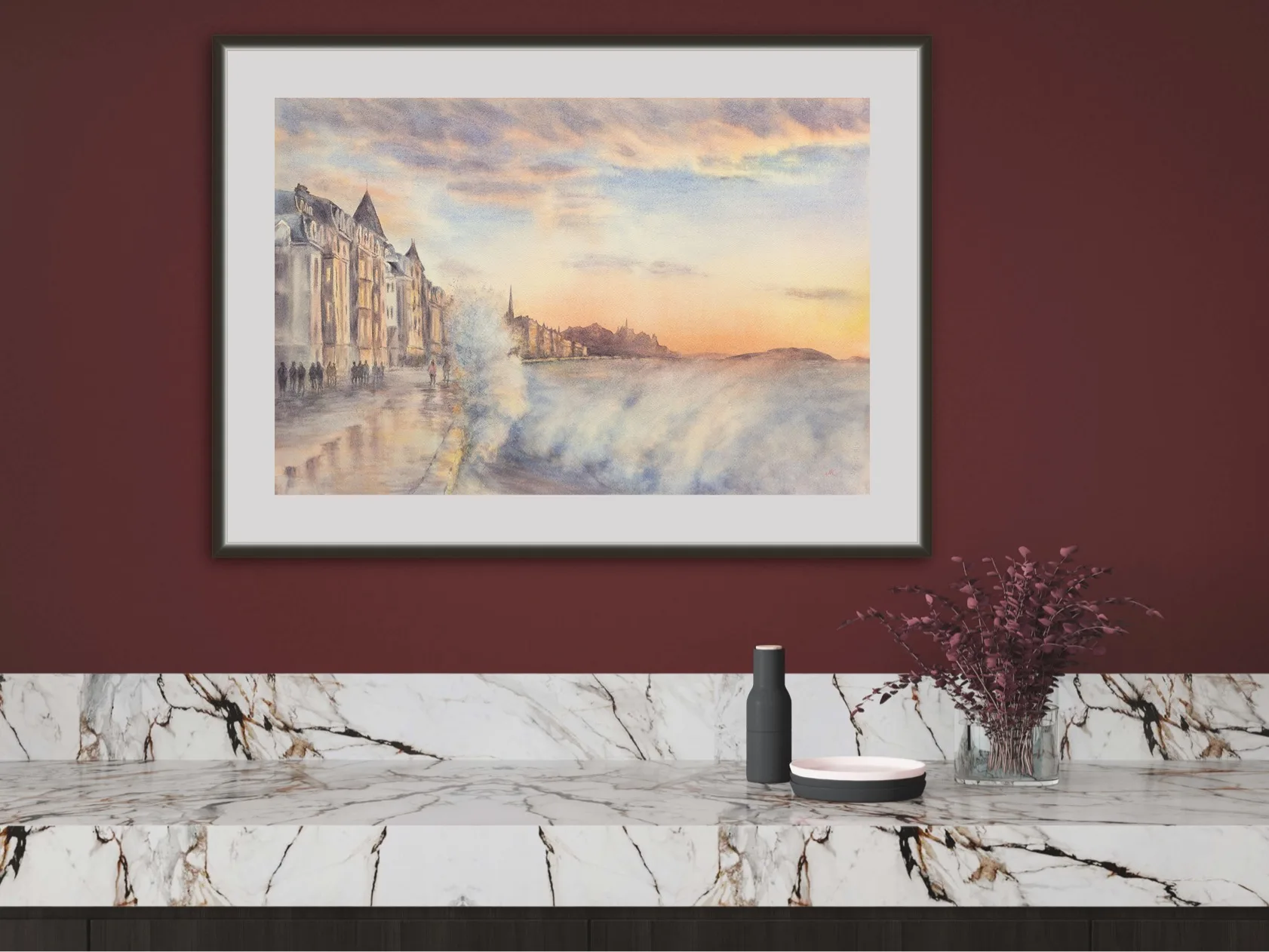 Framed 'Storm in Saint-Malo' watercolor showcasing waves breaking along the coast, framed beautifully for home decor.