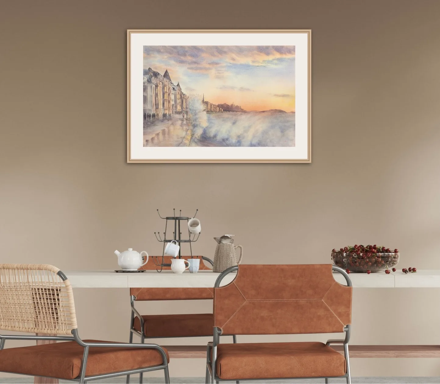 Framed seascape of Saint-Malo’s stormy ocean, with waves captured in motion and a glowing sunset in the background.