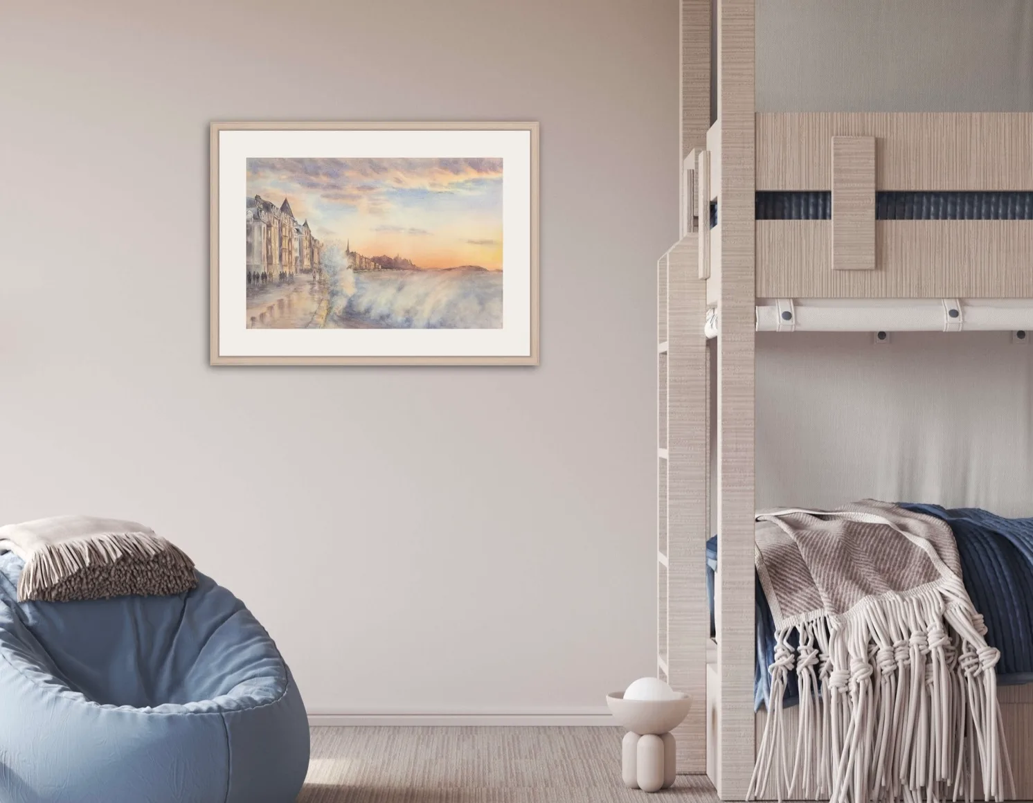Elegant framed depiction of Saint-Malo’s rugged coastline, with a dramatic sky and powerful ocean waves.
