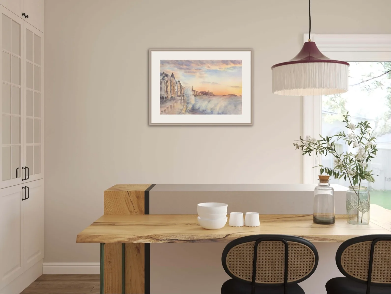 Framed ‘Storm in Saint-Malo’ watercolor showing the blend of stormy ocean and colorful sunset over Saint-Malo.