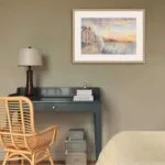 Framed ‘Storm in Saint-Malo’ watercolor showing the contrast between the calm city and the stormy ocean.