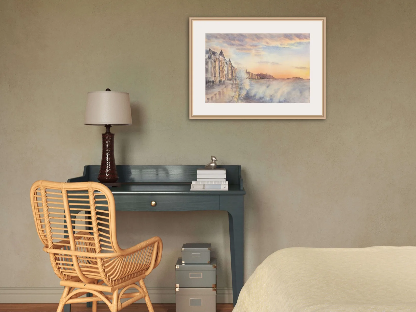 Framed ‘Storm in Saint-Malo’ watercolor showing the contrast between the calm city and the stormy ocean.