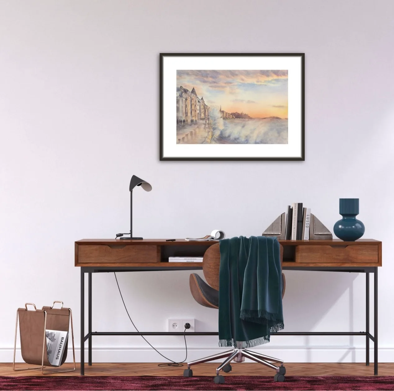 Framed scene from ‘Storm in Saint-Malo,’ with vivid sunset colors and ocean waves dramatically breaking over the shore.