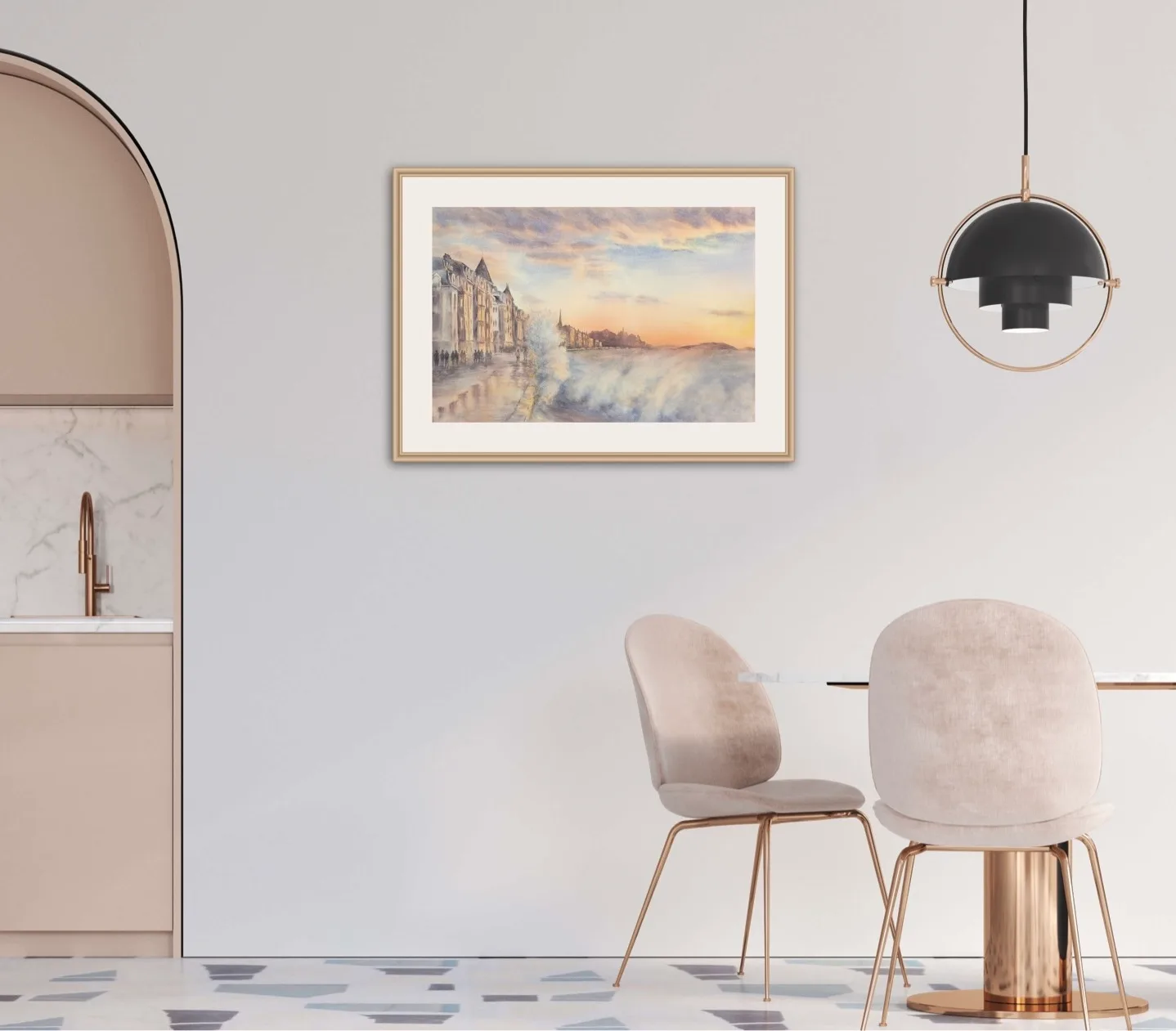 Framed view of ‘Storm in Saint-Malo,’ showcasing a wild ocean and the city of Saint-Malo under a colorful sunset sky.