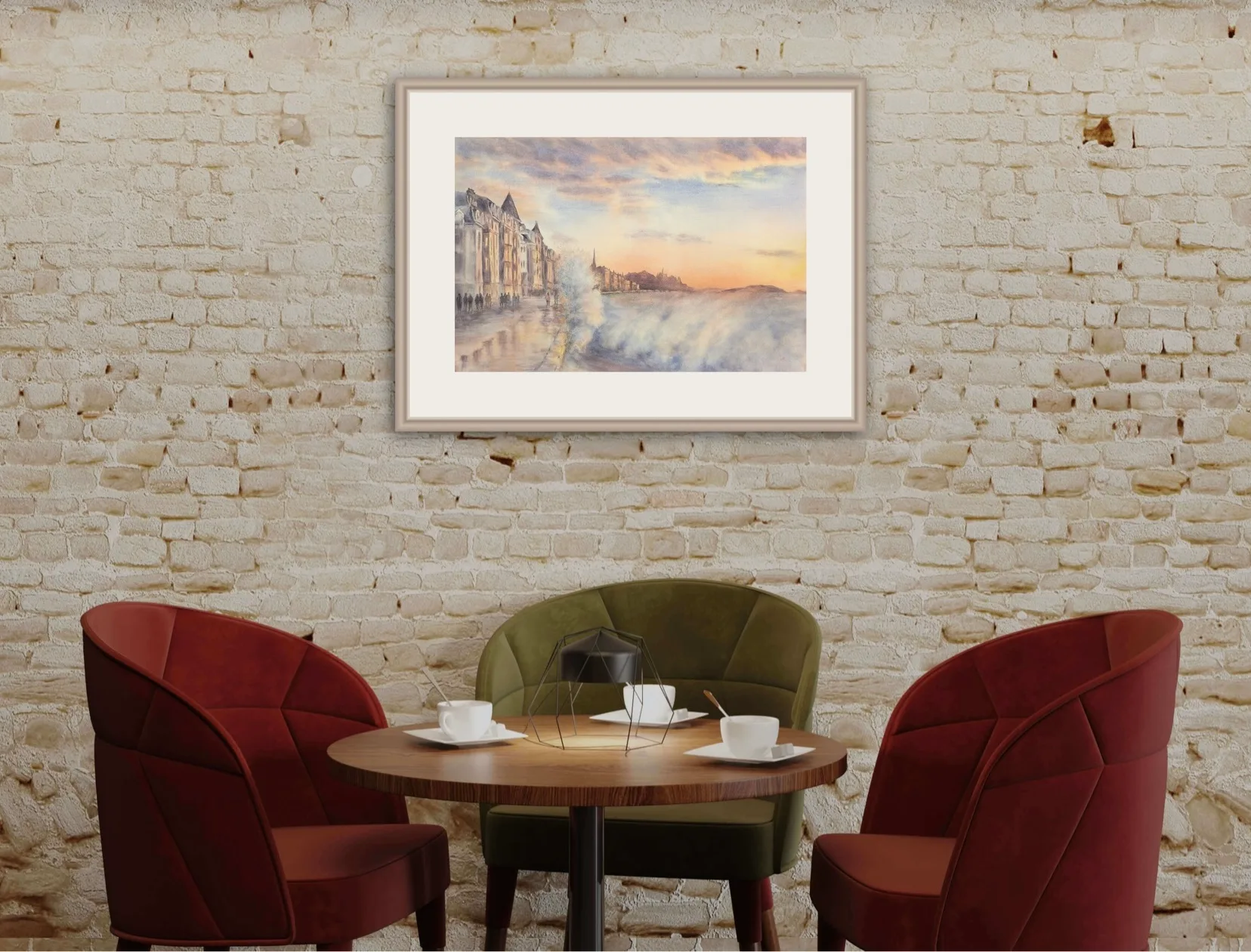Framed watercolor of ‘Storm in Saint-Malo,’ capturing the energy of the sea and the serene beauty of the coastline under dramatic skies.