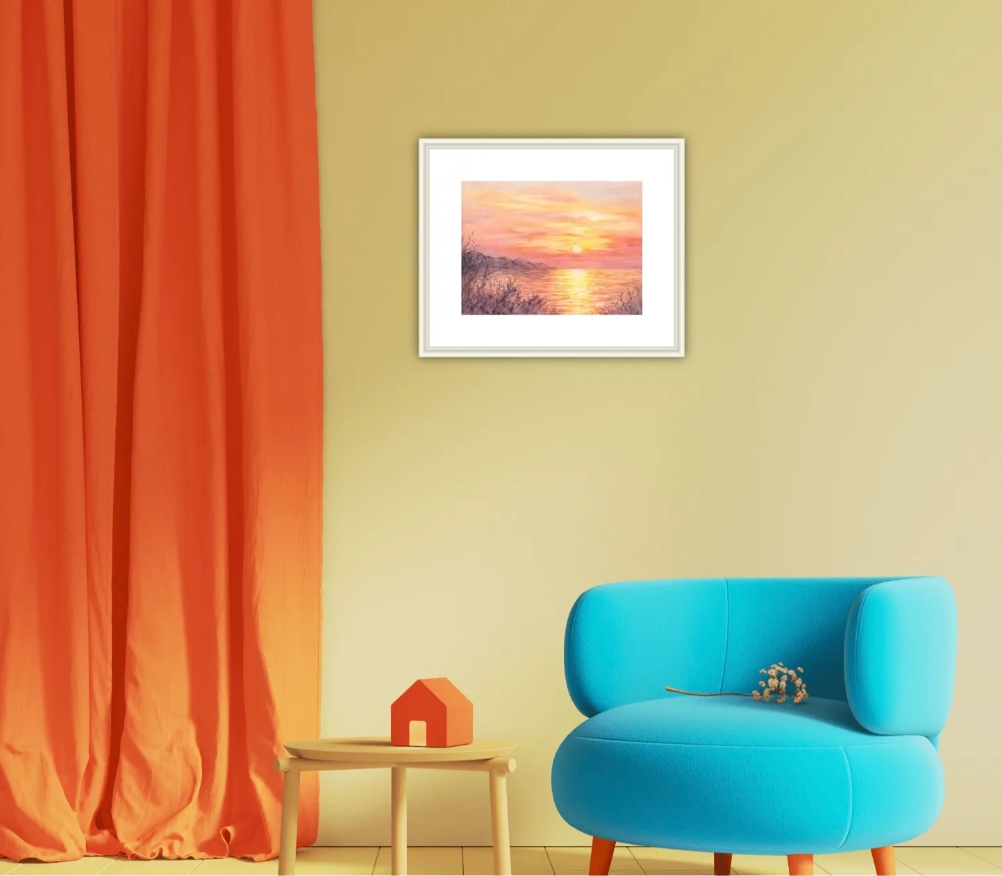 Framed ‘Golden Sunset’ in a modern living room, bringing a vibrant sunset sky and ocean waves to the space.